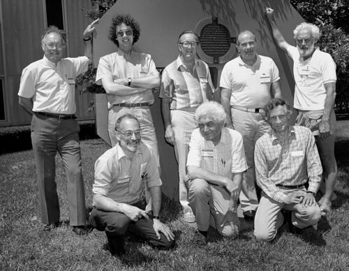And here’s where it all began on a summer day in 1984. Vernon Hughes is kneeling in the middle of the bottom row. Photo from E821 Muon (g-2) website. https://www.g-2.bnl.gov/pictures/index.html