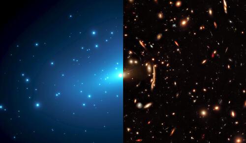 Hubble Space Telescope image of the massive galaxy cluster MACSJ1206 with the distortions produced by light bending and the dark matter map generated from these lensing effects (shown on the left in blue). Credit: NASA, ESA, G. Caminha (University of Groningen), M. Meneghetti (Observatory of Astrophysics and Space Science of Bologna), P. Natarajan (Yale University), the CLASH team, and M. Kornmesser (ESA/Hubble)