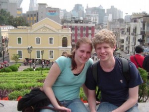 Adam Bouland and his girlfriend Alison Hoyt SM ’09, a fellow physics major, on their YUNA exchange trip to Asia in March 2008.