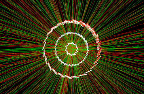 Relativistic Heavy Ion Collider (RHIC). The white points show "hits" recorded by particles emerging from the collision as they strike sensors in three layers of the HFT. Scientists use the hits to reconstruct charged particle tracks (red and green lines) to measure the relative abundance of certain kinds of particles emerging from the collision—in this case, charmed lambda particles. (Image courtesy of STAR Collaboration)