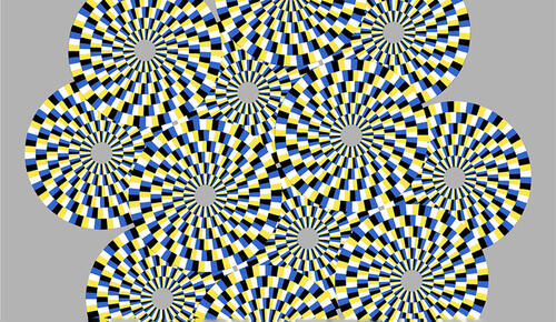 In this stationary image, viewers should see the circles rotating in different directions. The effect is particularly pronounced when the viewer’s eyes move or blink. (Illusion credit to A. Kitaoka; illustrated by R. Tanaka)