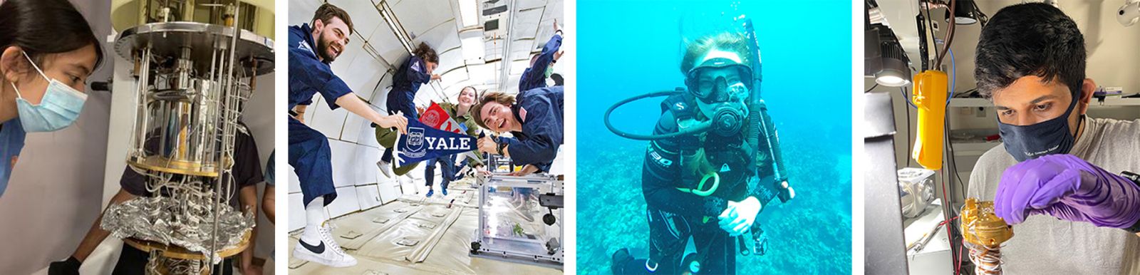 collage of different pictures showing people in Yale physics doing a variety of activities.