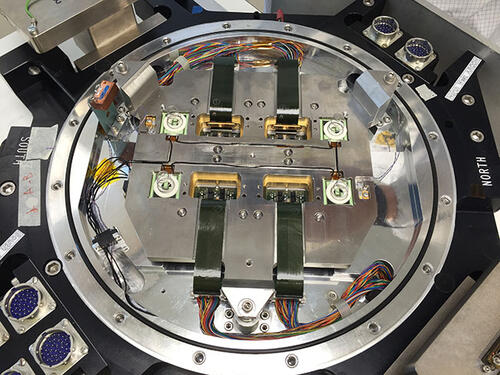 A view of the focal plate for the Mosaic3 camera. Photo credit: Yale Physics Department/Tom Hurteau