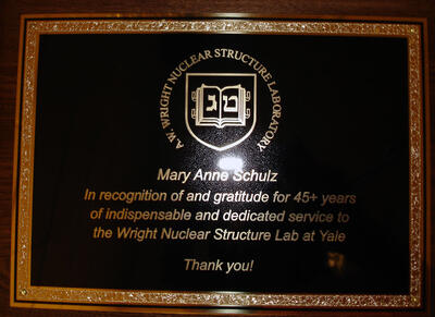 Plaque in Wright Lab commemorating her 45 years of service at Yale