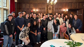 Group photo from lunch with Kip Thorne at Jonathan Edwards College