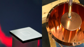 A chip that could sense dark photons (first image) and an axion detector, HAYSTAC, could fit on a tabletop despite their high sensitivity. (FIRST IMAGE) ROGER ROMANI/UNIVERSITY OF CALIFORNIA, BERKELEY; (SECOND IMAGE) KARL VAN BIBBER