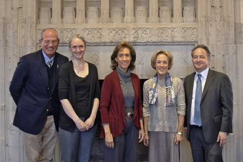 From left, George Levesque, dean of academic affairs in Yale College and secretary for Yale’s chapter of Phi Beta Kappa; award winners Sarah Demers, Christine Hayes, and Pam Schirmeister; and Pericles Lewis, dean of Yale College. Two professors, one retired and the other part of the active faculty, received the DeVane award, Yale College’s oldest teaching award.