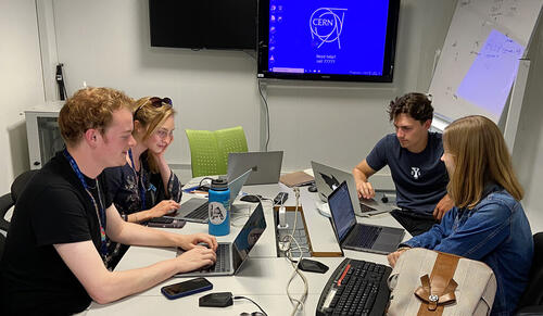 Yale undergraduate students (left to right) Dawson Thomas, Alexandra Haslund-Gourley, Matthew Murphy, and Caitlin Gainey at work at CERN (the European Organization for Nuclear Research) in Switzerland.
