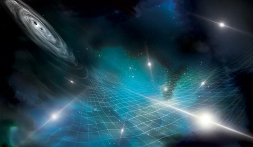 Artist’s interpretation of an array of pulsars being affected by gravitational ripples produced by a supermassive black hole binary in a distant galaxy. (Credit: Aurore Simonnet for the NANOGrav Collaboration)