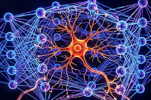 Illustration showing a neuron, center, embedded in an artificial neuron network.   AI-enhanced image courtesy of Christopher Lynn